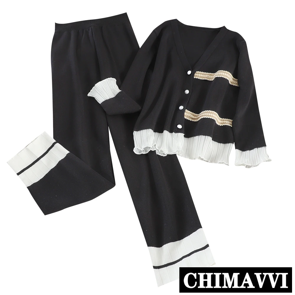 

New Spring Autumn Clothing Korean Woman Black Cardigan Sweater + Loose Wide Leg Trousers Two Piece Pants Set Female
