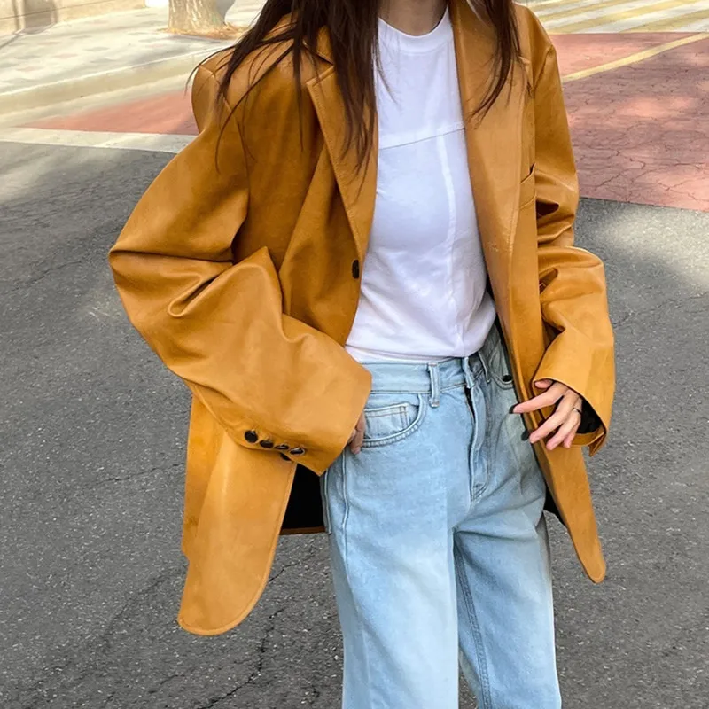 

Korean Loose Fit Solid Color Pu Leather Jacket New Lapel Long Sleeve Women Coat Fashion Tide Spring 2021 Leather Coat