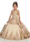 Платье для первого причастия, детское вечернее бальное платье с золотой аппликацией и бантом, нарядное платье для девочек, атласное Тюлевое платье с цветами для девочек