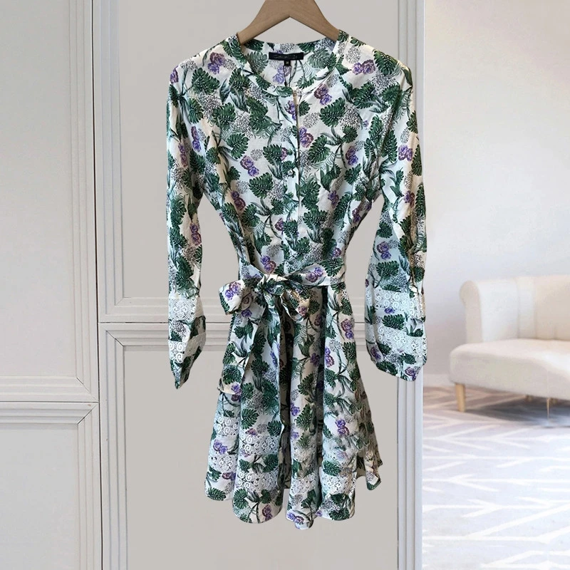 

Summer Women's Mini Dress Round Neck Puff Sleeve Elegant Layered Ruffled Lace-up Dress French Brand Party Beach Dress Women