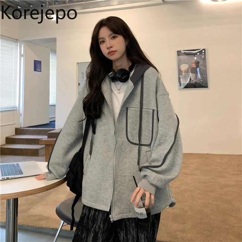 

Korejepo Women Black Padded Hooded Sweater Coat 2021 Autumn Winter Korean Chic Loose Zipper Retro Casual Stitching Female Coat