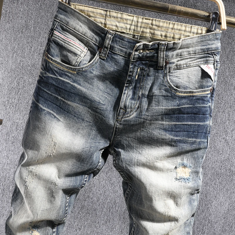 European Vintage Fashion Men Jeans Retro Distressed Washed Slim Ripped Jeans Men Streetwear Designer Elastic Casual Denim Pants