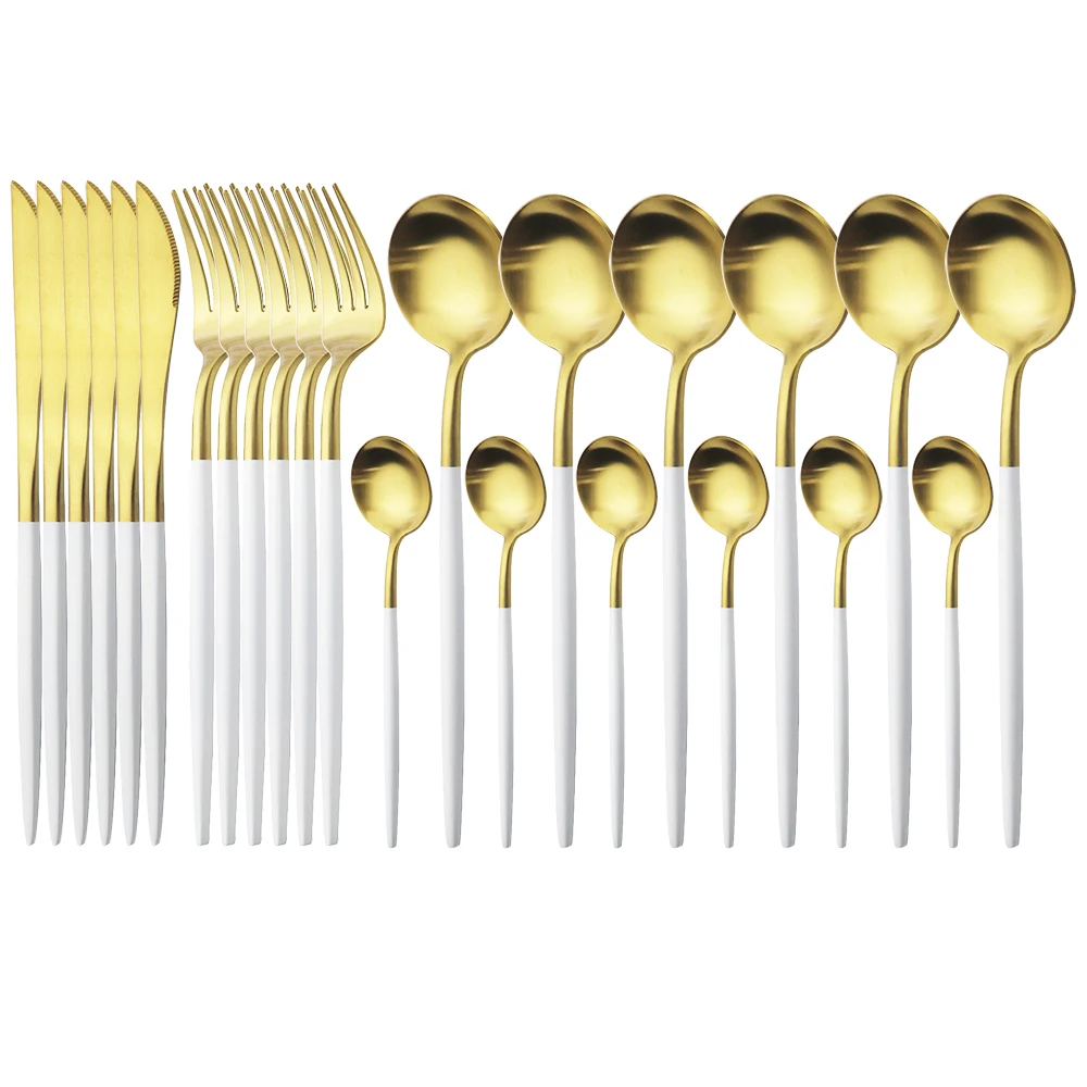 

24Pcs White Gold Cutlery Set 18/10 Stainless Steel Dinnerware Set Knives Fork Spoon Tableware Set Western Kitchen Silverware Set