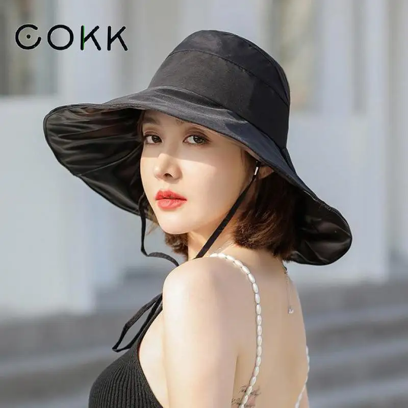 

COKK Summer Hats For Women Black Solid Color Big Bow Empty Top Sunshade Uv Protection Bucket Hat Foldable Breathable New 2022