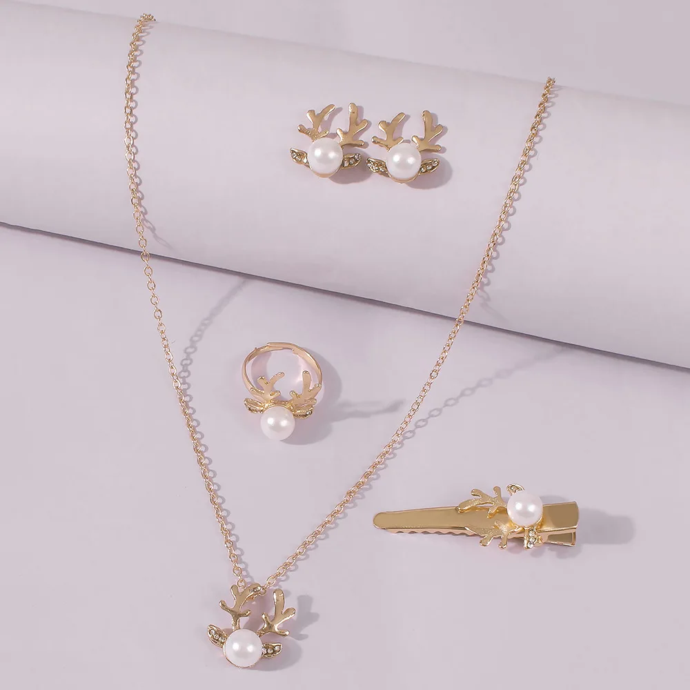 

4PCS/Set 2021 Trendy Elk pearl Necklace/Earrings/Rings Jewelry set for Women Child Christmas hairpin Accessories Party Gifts