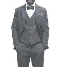 Chaqueta y pantalones para hombre, Blazer gris para hombre, conjuntos de trajes Vintage de espiga, vestidos de graduación hechos a medida, ropa de boda para novio, 3 uds. (3)