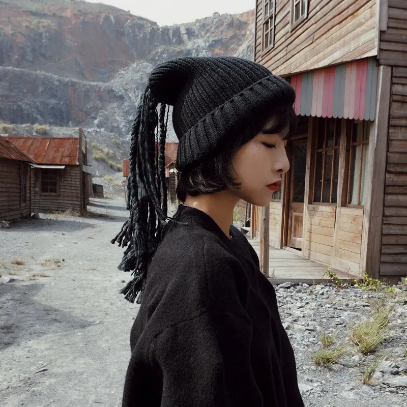 

Hip Pop Trendy Black Knitting Hip Hop Fold Girl Beanie Tide Fashion Ski Cap Outdoor Keep Warm Women'S Winter Hat Adult Cap+Scarf