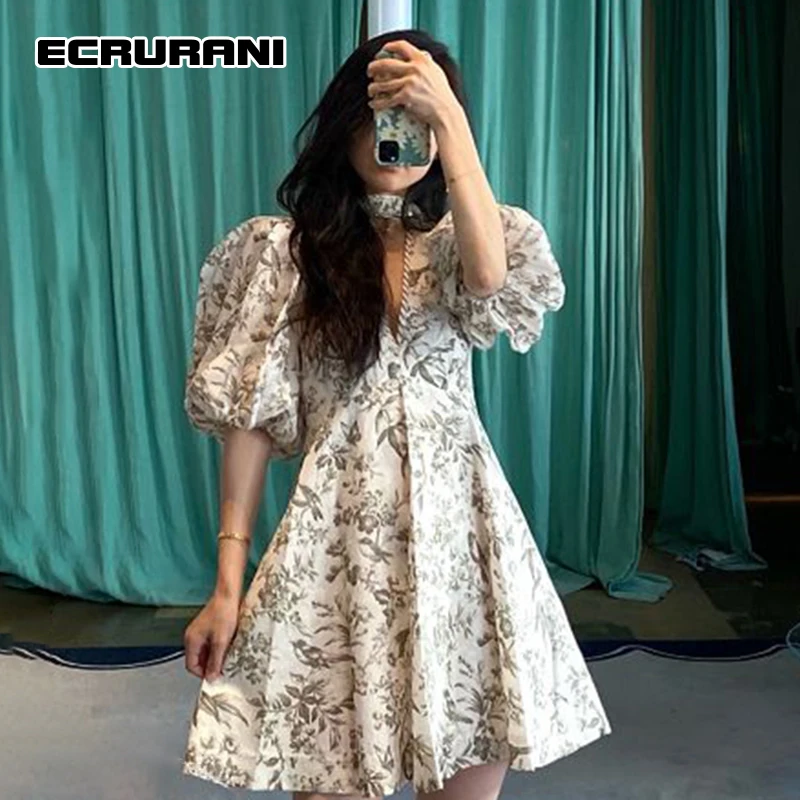 

ECRURANI Print Dress For Women V Neck Puff Short Sleeve High Waist Mini Hit Color Ruched Dresses Female Summer Clothing 2021 New