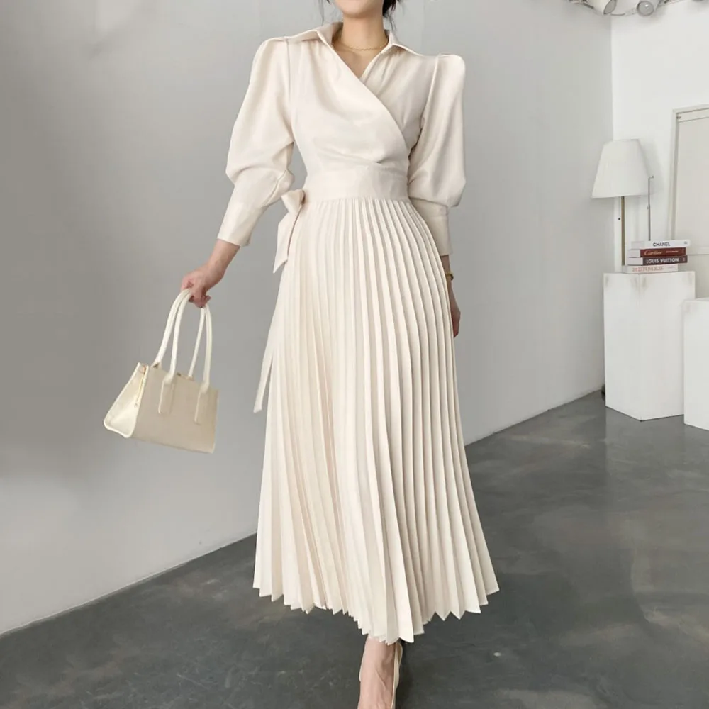 

Single Casual Fashion Simple Sweet Elegant Pleated Long Sleeve Ankle-Length Pullover Women's Dress Solid Color Ladies Clothing