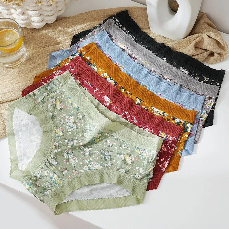 

Women's Cotton Underwear Sexy Lace Panties Fashion Flower Comfort Briefs Mid Waist Seamless Underpants Female Lingerie Sexy