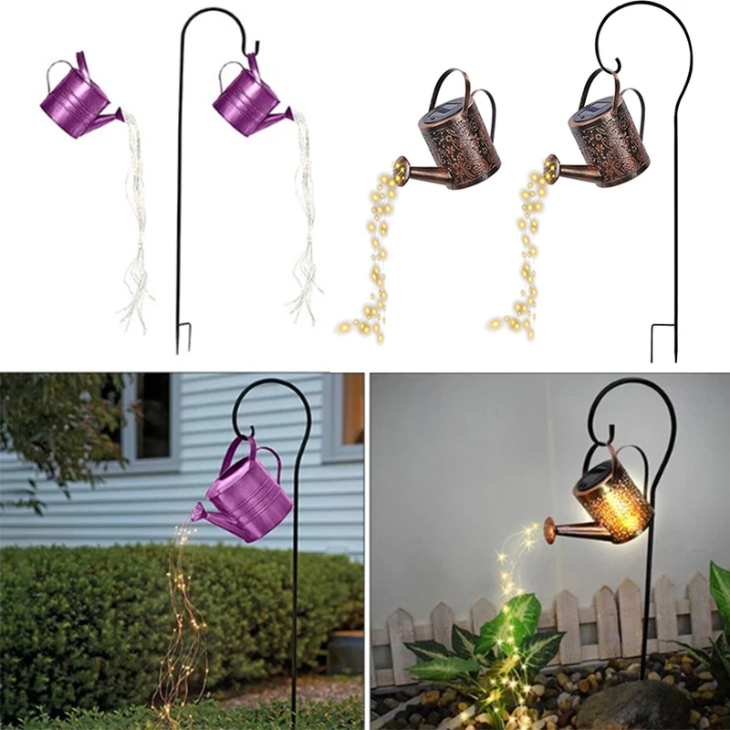 

Solar Powered Wrought Iron Hollow Out Lamp Watering Can Sprinkles Fairy Light LED Outdoor Garden Waterproof Shower Light Decor