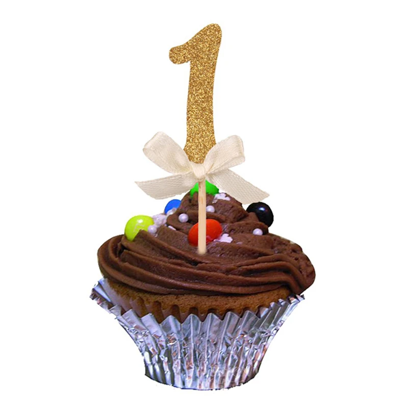 Топперы для капкейков с золотыми блестками и цифрами 10 шт.|Товары украшения