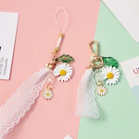 luxury cute daisy flower keychains with lace lanyard car keys bag key chains decor pendent charm for airpods for samsung buds