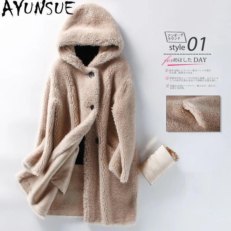 AYUNSUE Sheep Shearing Coat Female Winter 2021 Hooded Fur Trench Coats Women Wool Jackets Korean Style Casaco Feminino Gxy178