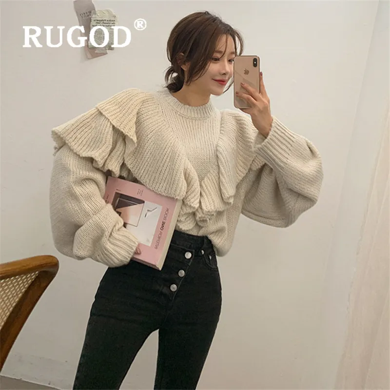 Женский свитер оверсайз RUGOD вязаный с оборками зимний в Корейском стиле 2019 |