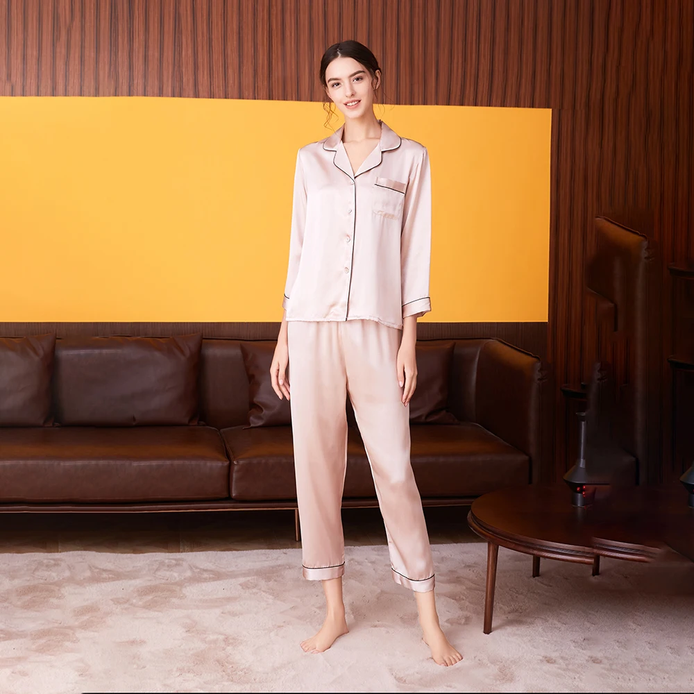 100% Silk Mulberry Silk Solid Long Sleeve Home Wear Cloths Women Pajama Suit T77166-1