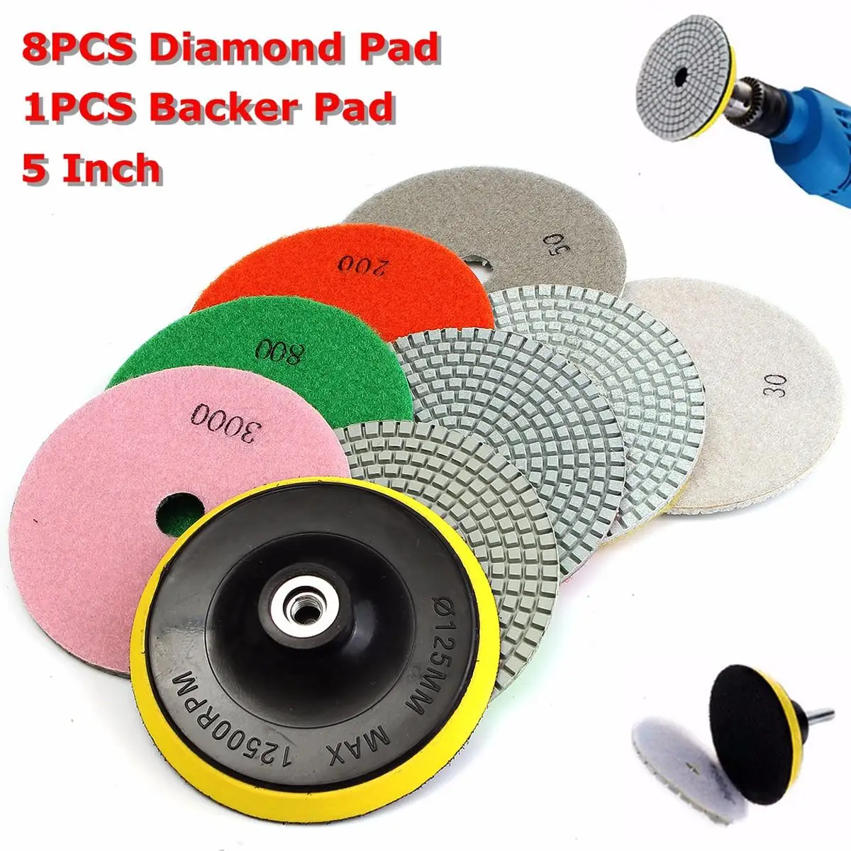 Polegada de Polimento Almofadas de Polimento de Diamante para Pedra de Granito 5 Molhado Mármore Concreto Usar Moagem Discos 30-3000 Grit 9 Pçs – Set Kit