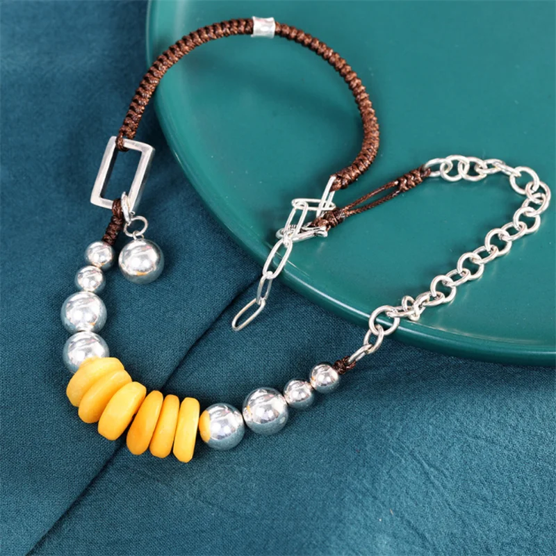 ?? Uglyless天然鶏油アンバーペンダント女性のための非対称ロープピンチェーンネックレス925シルバージュエリー + チェーン