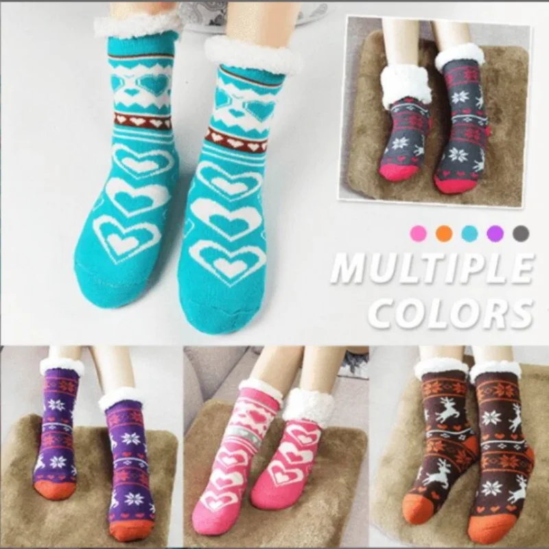 

Thick Warm Sleep Socks Slippers Socks Thicken Women Girls Print Stripe Casual Non Slip Warm Winter Mid Tube Cute Socks