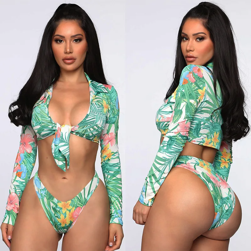 

2 Pieces Female Swimsuits, Floral Print V-Neck Long Sleeve Crop Top+ Bikini Panties, Green, S/M/L/XL/XXL
