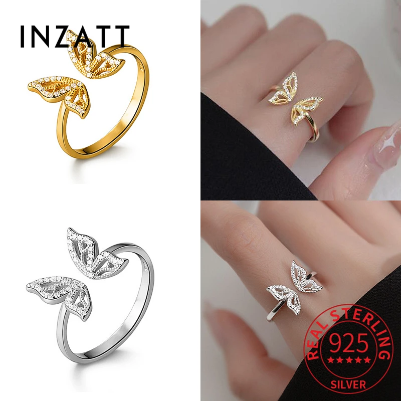 

INZATT Real 925 Sterling Silver Zircon Hollow Butterfly Adjustable Ring For Charming Women Cute Insect Fine Jewelry Accessories