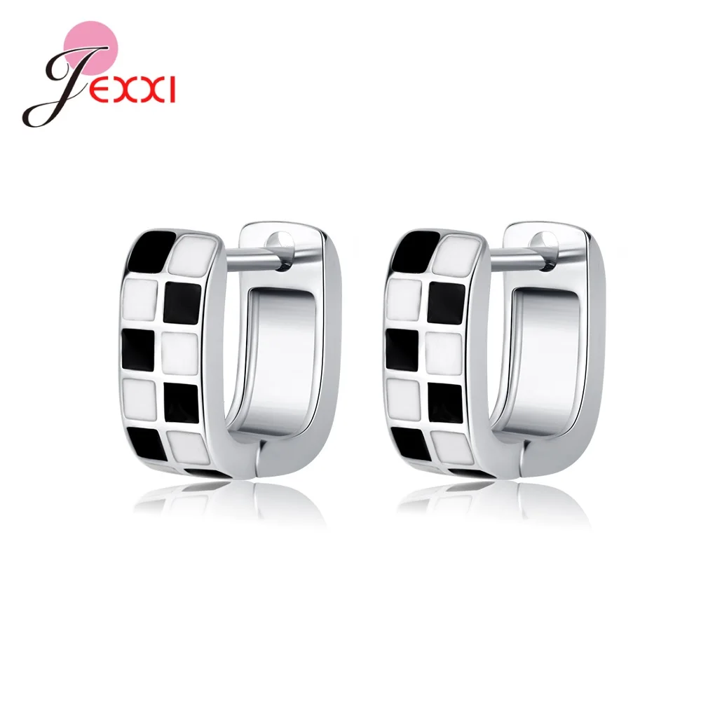 

Genuine 925 Sterling Silver Women White Black Enamel Square Hoop Earrings French Style Trend Jewelry for Girl Gift