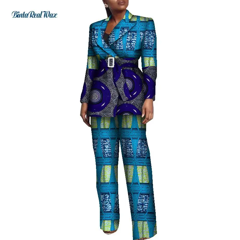 New Office Women Clothes African Print Patchwork Turn-Down Collar Suit Pants for Women Bazin Riche 2 Pieces Pants Sets WY8557