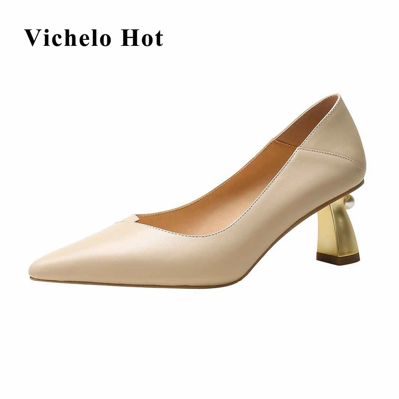 Deslizamento em Bombas Vichelo Quente Tamanho Grande Couro Genuíno Apontou Toe Rasa Salto Alto Pérola Doce Meninas Vestido Sólido Namoro Femininas L03