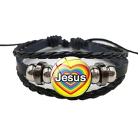 jesus fish christian symbol bracelet handmade glass gem punk black braided leather bracelet mens and womens cuff jewelry