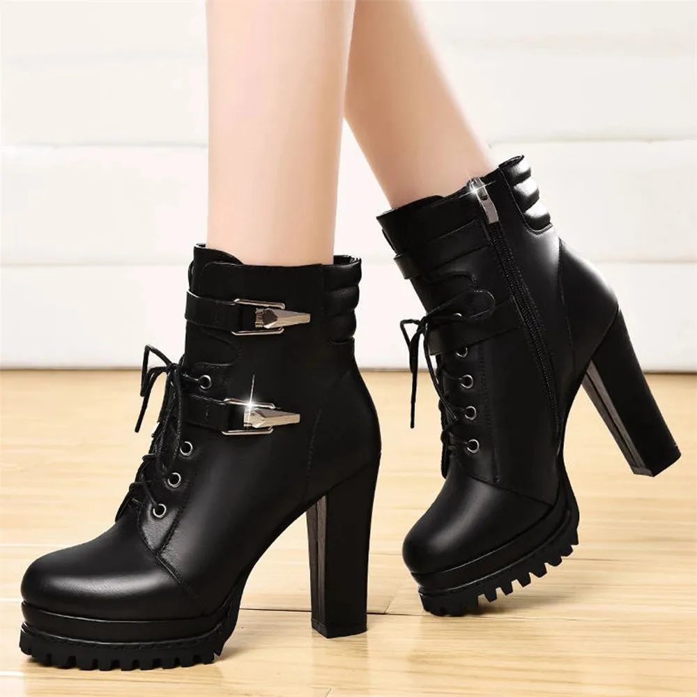 

Winter Women Warm Short Booties Casual Thick-Soled Cross-Strap Motorcycle Boots Female New 10CM High Heel Zip Shoes Black 35-40