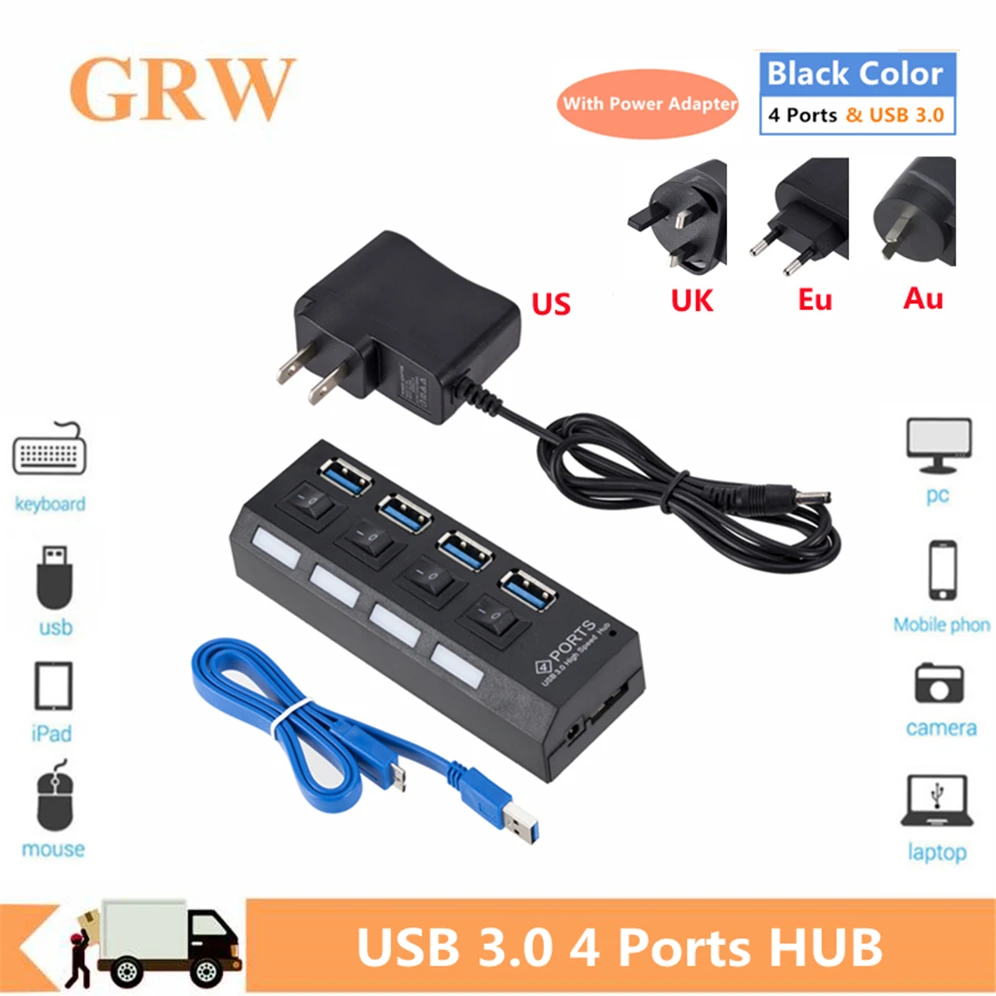 

Grwibeou USB 3.0 HUB Multi USB Splitter 4 Port Expander Multiple USB 3 Hab Use Power Adapter USB 3.0 Hub with Switch For PC