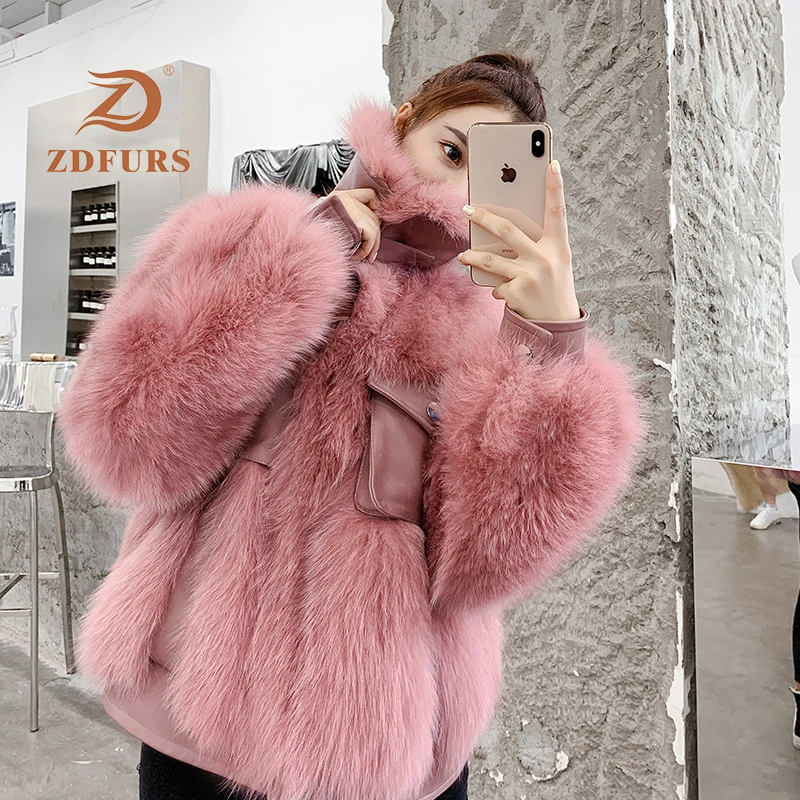 ZDFURS* Новое Женское пальто из лисьего меха на пуговицах стильная кожаная куртка зимняя женская мода jexxi высокое качество с лисьим воротником