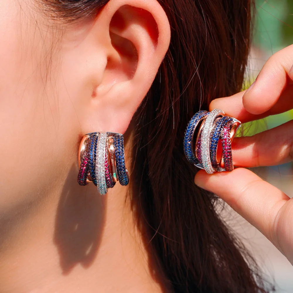 

2021 Fashion New Geometric Three-Color Line Perforated Ear Clip Exquisite Line Zircon Pave Female All-Match Romantic Gift