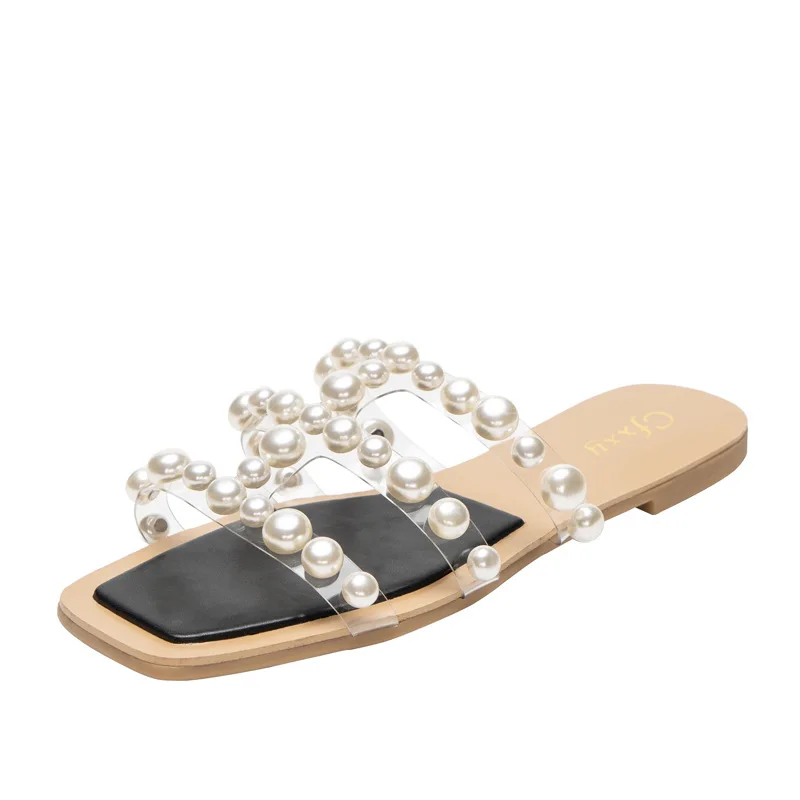 Женские богемные шлепанцы с жемчугом сандалии на плоской подошве летняя женская