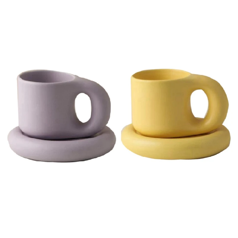 

2Set 300Ml Creative Handmade Handle Mug And Oval Plate Ceramic Cup Saucer For Coffee Tea Milk Cake B & D