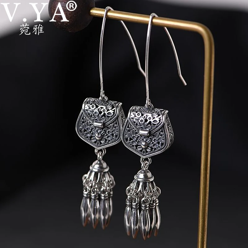 

V.YA S925 Sterling Silver Hollwed Tassel Drop Earring Woman Retro Tassel Sachet Dangle Earring Women Elegant Jewelry Gift