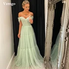 Verngo светильник-Мятно-зеленые тюлевые длинные платья для выпускного вечера, с открытыми плечами и рукавами сердечком, блестящее платье для особых случаев