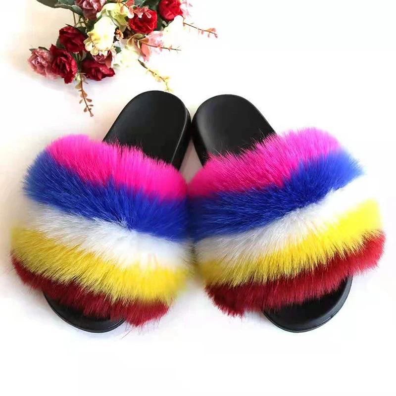 

Summer Flat Furry Shoes Fluffy Women Fur Slippers Fuzzy Flip Flops Faux Fur Slides Soft Home Slippers Female Fur Shoes TX413