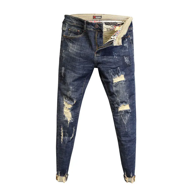 

Wholesale 2020 Fashion No ironing low waist washing raw edge pants slim feet pants men's spring ripped holes ankle length jeans