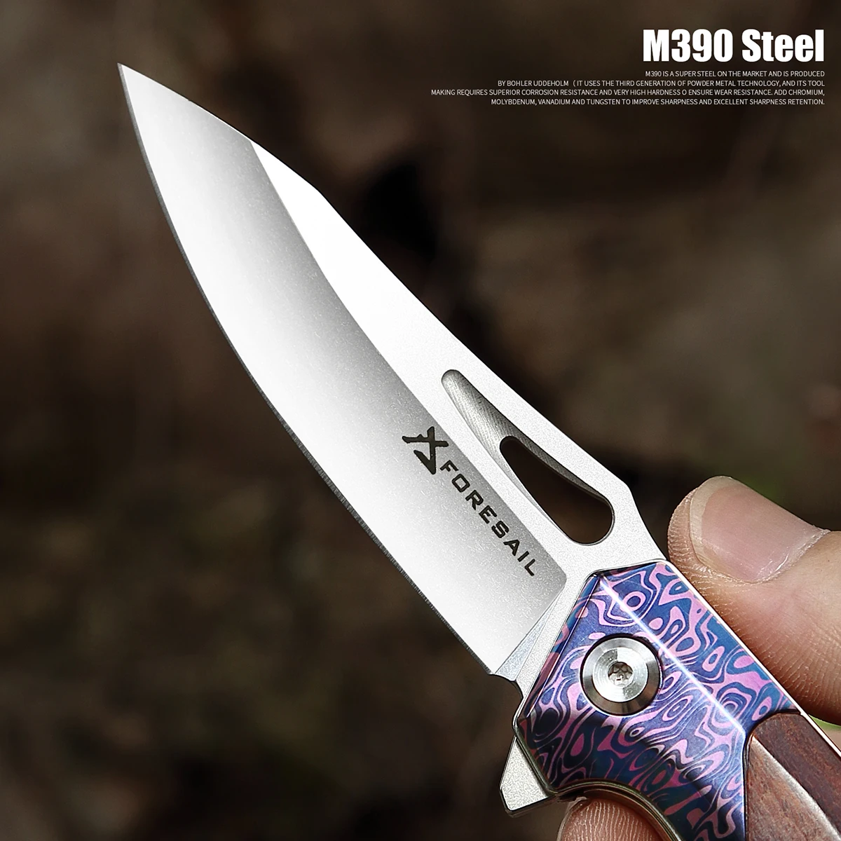 FORESAIL-Складной нож с лезвием из стали M390 и рукояткой из древесного сплава TC4 титанового сплава на шариковых подшипниках Нож для кемпинга и охотыНа улице ЕДЦ.