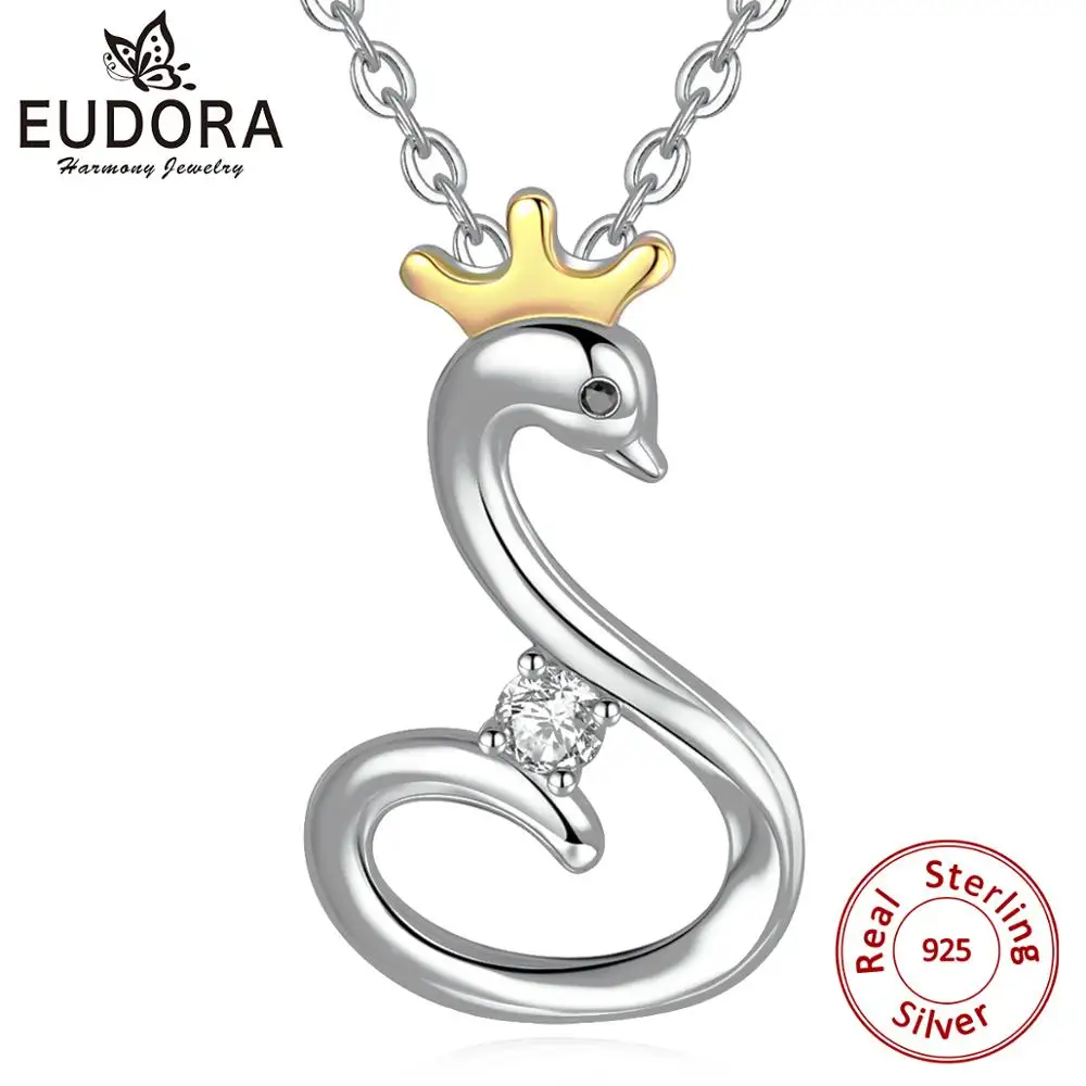 

EUDORA 100% 925 Sterling Silver Pure Swan Pendant Necklace with queen Crown Fine Jewelry Birthday Christmas Perfect Gift D270