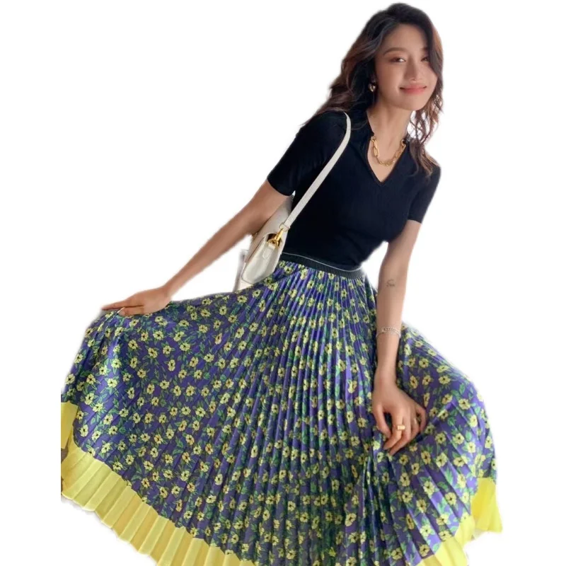 

Big name summer chiffon 3D printing ladies high waist pleated skirt 2021New ladies fashion elastic waist big hem puff skirt Bing
