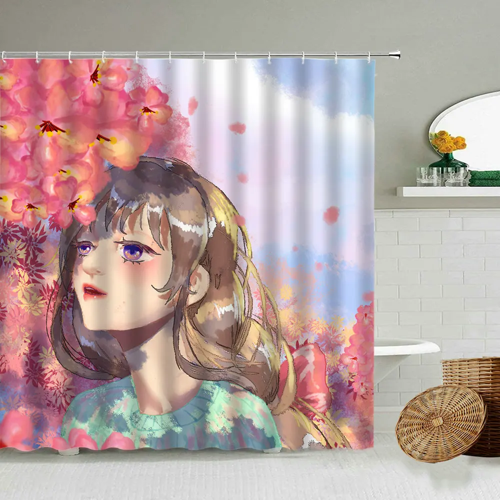 

Занавески для душа с красивой девушкой, Мультяшные маленькие свежие аниме занавески для ванной комнаты, украшение для дома, водонепроницае...