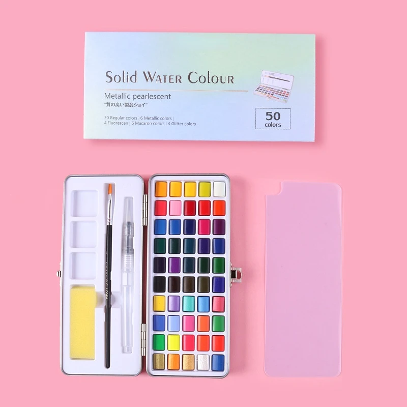 Caja de hojalata de nuevo estilo, conjunto de pintura de acuarela de Color s&oacute;lido perlado, 100 colores-1