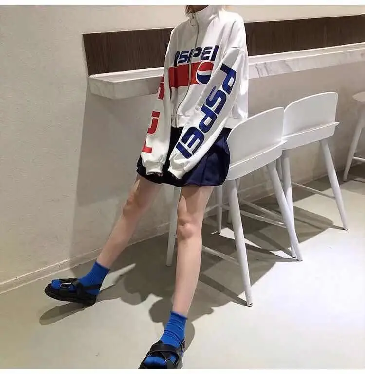 Ulzzang уличный стиль, толстовка на молнии, большие размеры, женская одежда Kpop, осень, Pepsi, графический Укороченный свитшот, женские белые топы