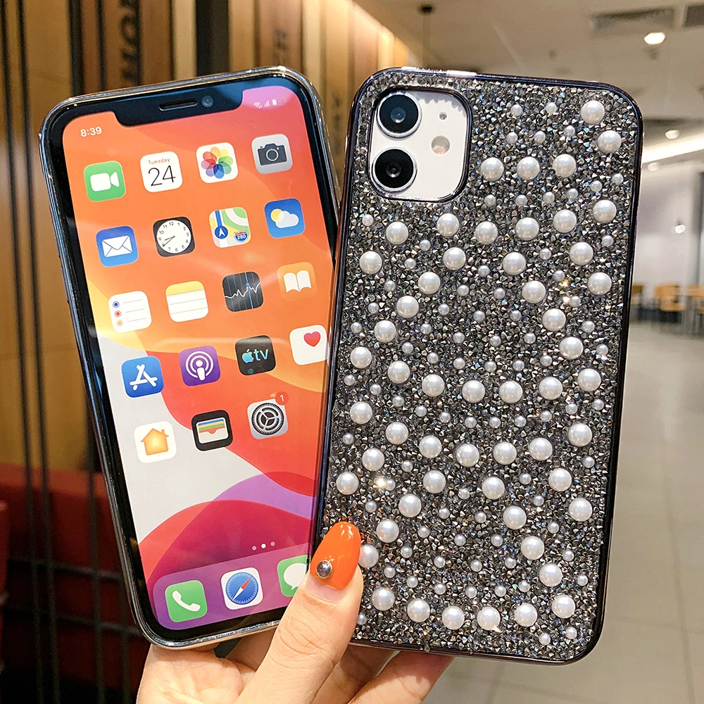 Pearl Rhinestone Bling Glitter Case for IPhone 12 Mini 11 Pro XR XS Max X 8 7 Plus Shockproof Phone Cover Coque Funda | Мобильные