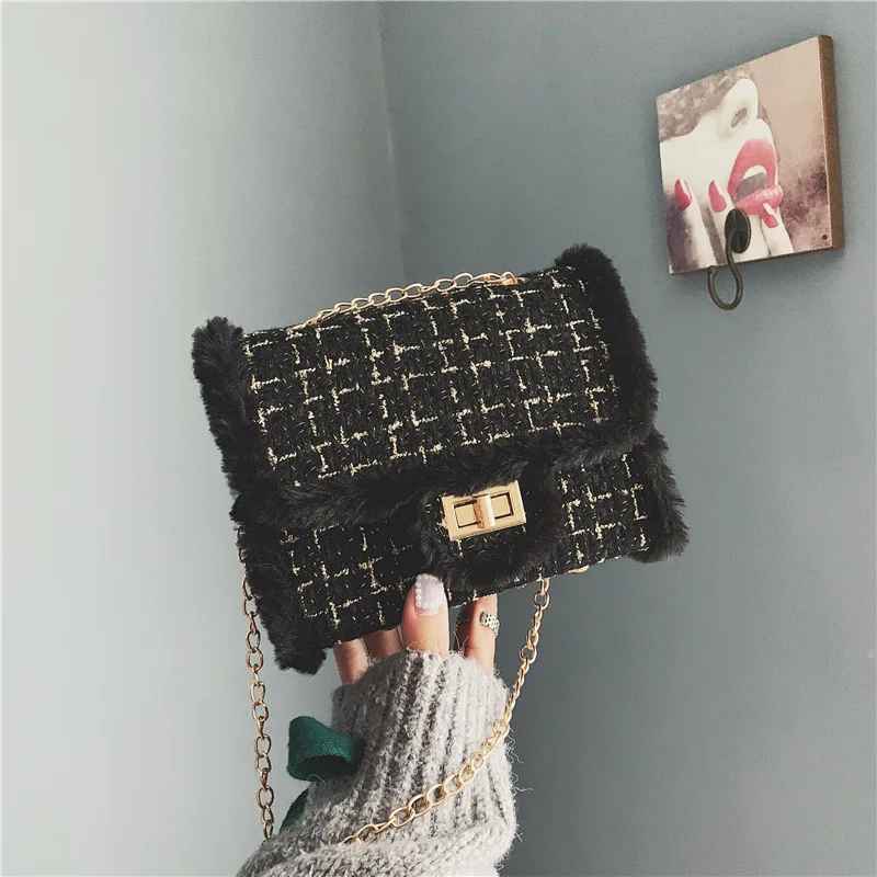 Роскошная женская сумка плюшевая шерстяная на цепочке сумки через плечо
