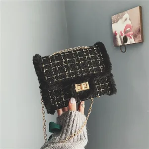 Роскошная женская сумка, плюшевая шерстяная сумка на цепочке, сумки через плечо, маленькие квадратные сумочки, клетчатая женская сумка