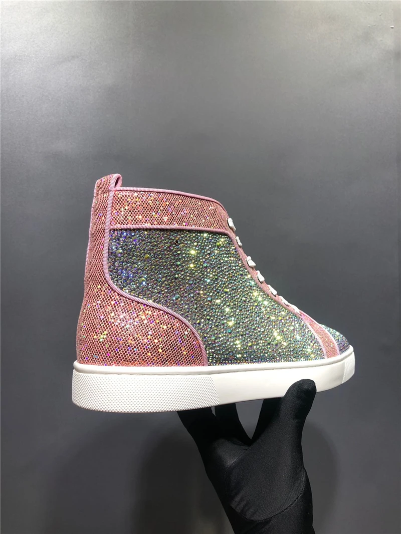 

Red Bottom Full Green suede leather crystal For Men Flat Casual Shoes Fashion Loafers Rivets Runway HIgh Top Lace Up Sneakers