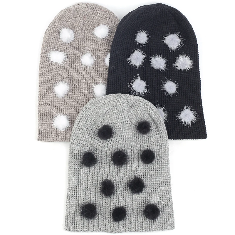 

Geebro Adult Cashmere Beanie Hat Autumn Winter Warm Casual Skull Cap Beanies Pullover Cuff Cap With Small Pompom Dot Accessories